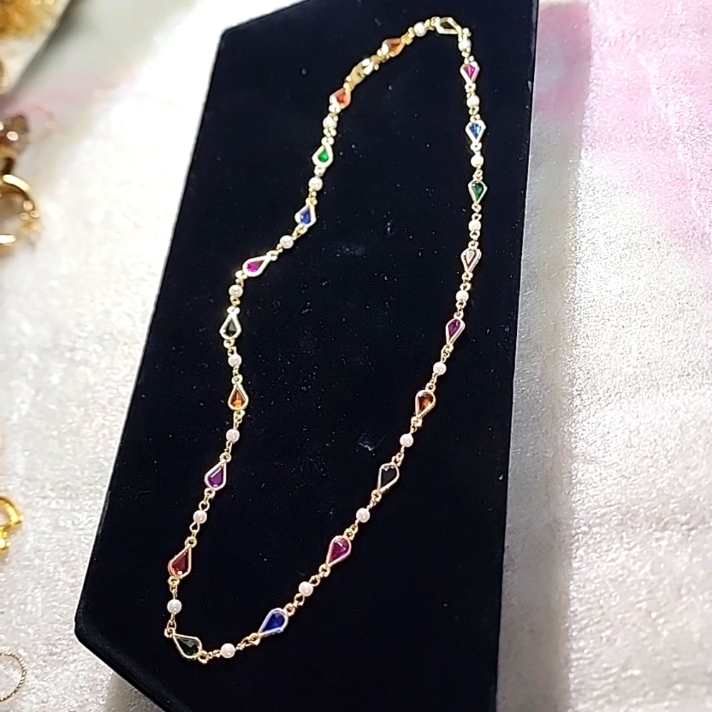 ♥Multi-Color necklace lobster clasp 12" long VTG. bezel ,gold-rhinestones,pear